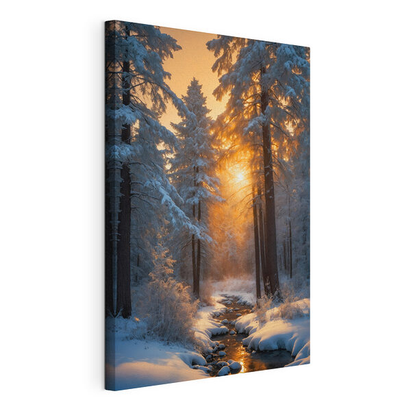 Forêt enneigée avec des arbres et un ruisseau Tableaux Forêt enneigée avec des arbres et un ruisseau