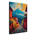 Tableaux Peinture d'une rue avec des bâtiments et une montagne en arrière-plan
