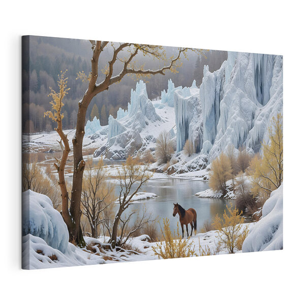 Tableaux Cheval debout dans la neige près d'un plan d'eau