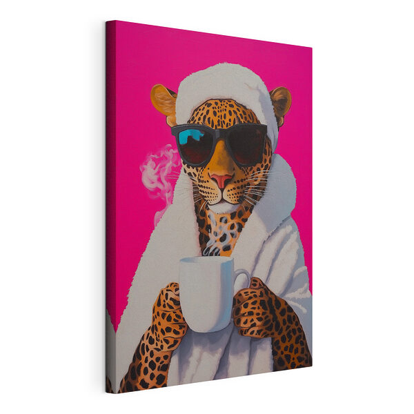 Peinture d'un léopard portant une robe et des lunettes de soleil et tenant une coupe Tableaux Peinture d'un léopard portant une robe et des lunettes de soleil et tenant une coupe
