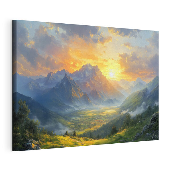 Paysage de montagnes et de vallée avec nuages et soleil Tableaux Paysage de montagnes et de vallée avec nuages et soleil