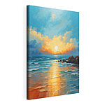 Tableaux Peinture d'une plage avec des rochers, de l'eau et le soleil