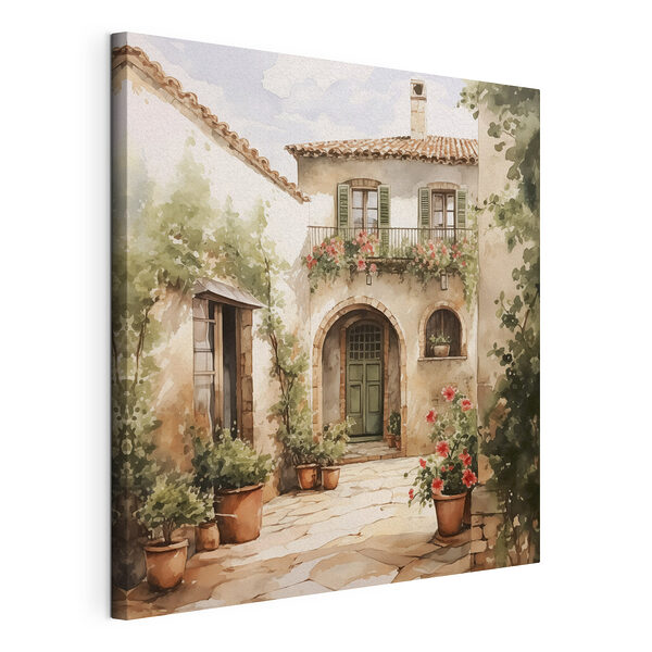 Tableaux Peinture d'une maison avec des plantes en pot