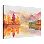 Tableaux Aquarelle d'un lac avec des arbres et des montagnes en arrière-plan