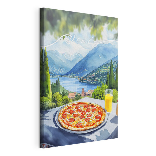Pizza et jus de fruits sur une table avec des montagnes et des arbres Tableaux Pizza et jus de fruits sur une table avec des montagnes et des arbres
