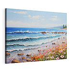 Tableaux Peinture d'une plage avec des fleurs et des vagues