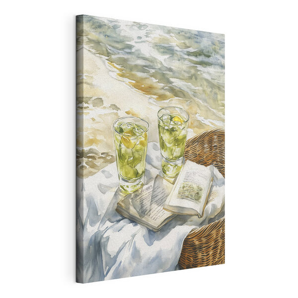 Tableaux Aquarelle représentant deux verres de thé glacé et un livre sur une couverture sur la plage