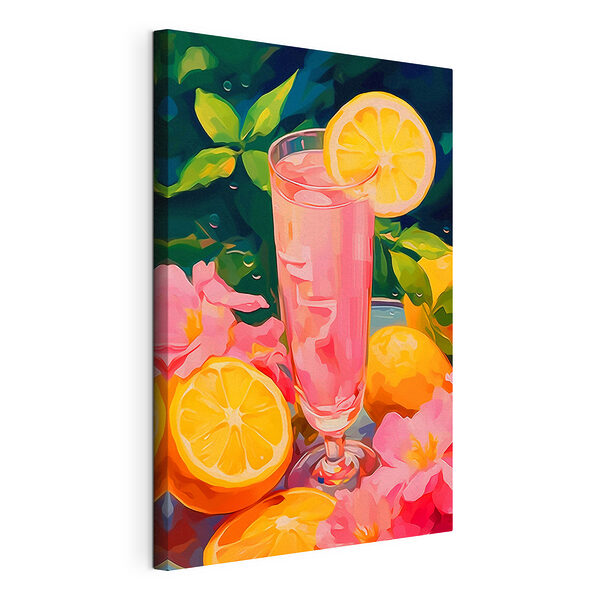 Tableaux Verre de liquide rose avec citrons et fleurs