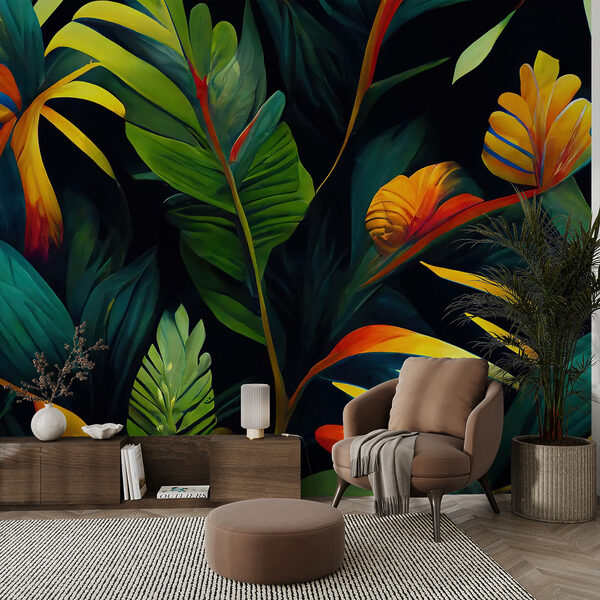Feuilles et fleurs tropicales vibrantes Papier peint Feuilles et fleurs tropicales vibrantes