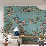 Papier peint Paons et fleurs sur fond bleu