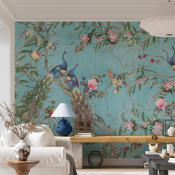 Papier peint Paons et fleurs sur fond bleu