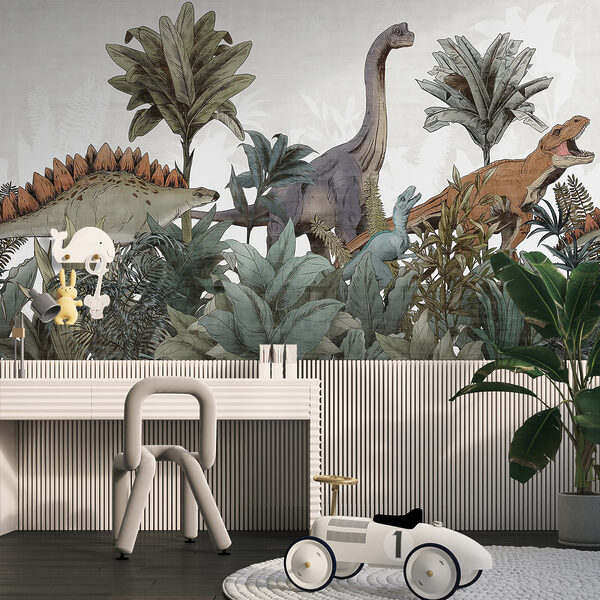 Papier peint Des dinosaures se promènent dans un feuillage luxuriant