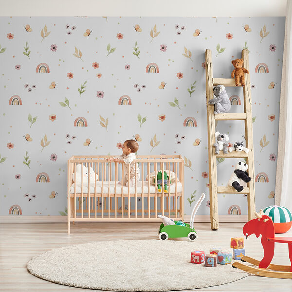 Papier peint Motif naturel fantaisiste avec des arcs-en-ciel