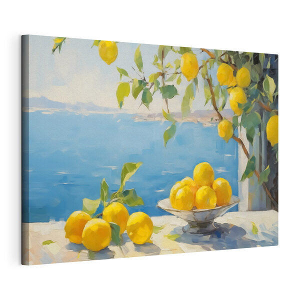Un bol de citrons posé sur une table près d'un arbre Tableaux Un bol de citrons posé sur une table près d'un arbre