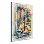 Tableaux Scooter jaune avec un panier de fleurs à l'arrière