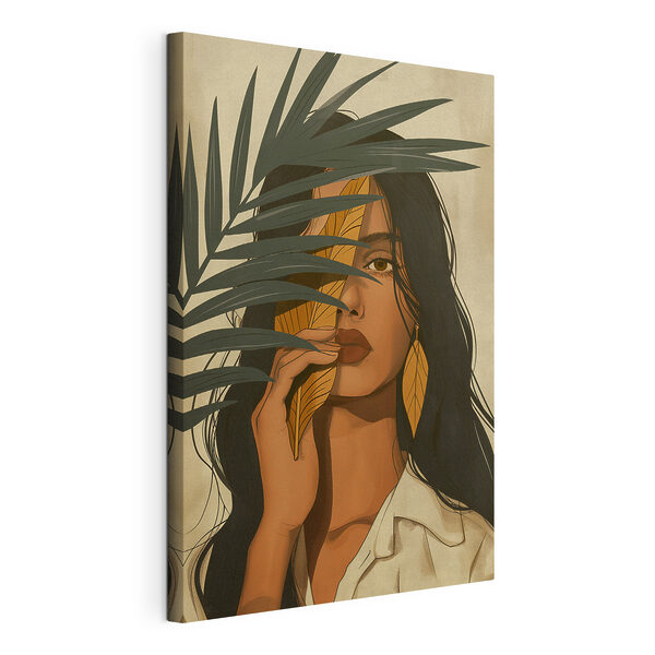 Femme tenant une feuille devant son visage Tableaux Femme tenant une feuille devant son visage