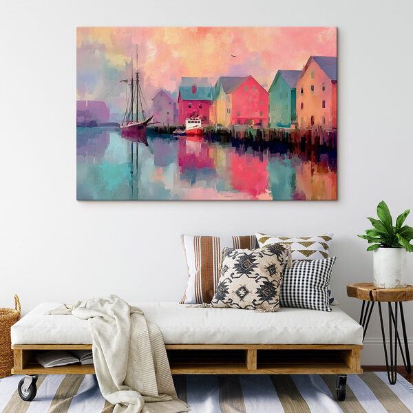 Des maisons colorées et un bateau sur l'eau Tableaux Des maisons colorées et un bateau sur l'eau