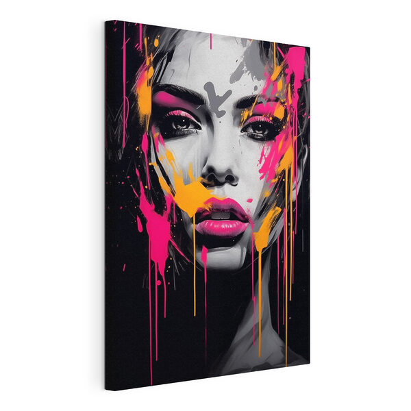 Tableaux Femme avec de la peinture rose et jaune sur le visage