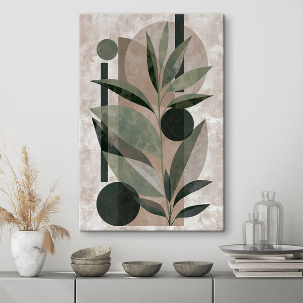 Tableaux Peinture représentant une plante avec des feuilles et des formes géométriques