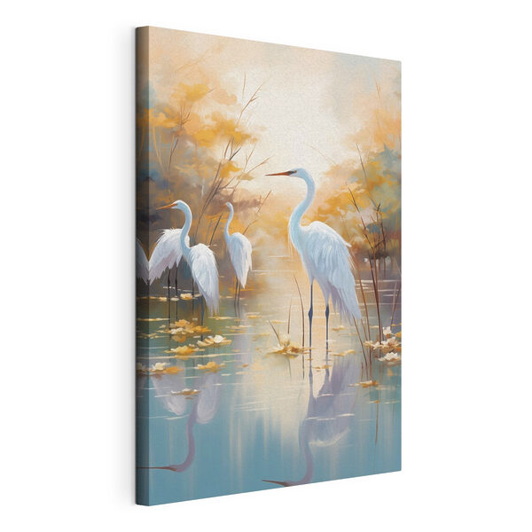 Groupe d'oiseaux blancs dans un étang Tableaux Groupe d'oiseaux blancs dans un étang