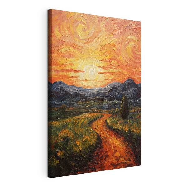 Tableau représentant une route traversant un champ, avec des montagnes et le soleil en arrière-plan Tableaux Tableau représentant une route traversant un champ, avec des montagnes et le soleil en arrière-plan