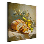 Tableaux Peinture représentant une nature morte avec une miche de pain et des olives
