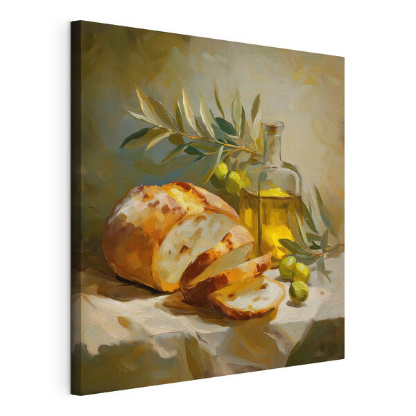 Tableaux Peinture représentant une nature morte avec une miche de pain et des olives