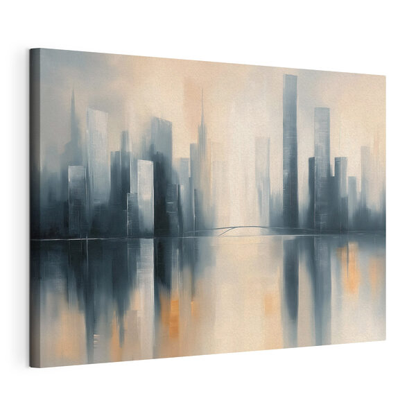 Silhouette de la ville avec de grands immeubles se reflétant dans l'eau Tableaux Silhouette de la ville avec de grands immeubles se reflétant dans l'eau
