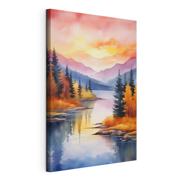 Aquarelle représentant un lac entouré d'arbres et de montagnes Tableaux Aquarelle représentant un lac entouré d'arbres et de montagnes