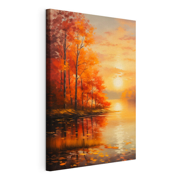 Tableau représentant un lac avec des arbres et des feuilles orange Tableaux Tableau représentant un lac avec des arbres et des feuilles orange