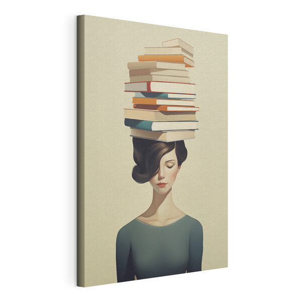 Une femme avec une pile de livres sur la tête Tableaux Une femme avec une pile de livres sur la tête