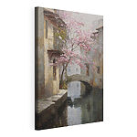 Tableaux Tableau représentant une rivière avec un arbre rose et un pont