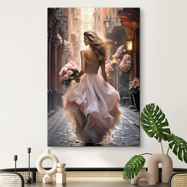 Tableaux Une femme en robe tenant des fleurs