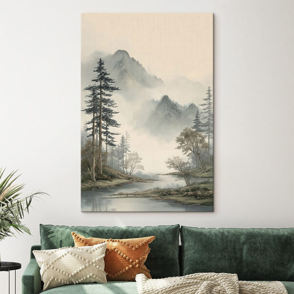 Paysage fluvial avec des arbres et des montagnes Tableaux Paysage fluvial avec des arbres et des montagnes
