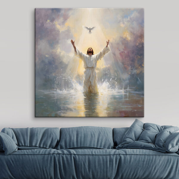 Un homme vêtu d'une robe blanche, debout dans l'eau, les bras tendus Tableaux Un homme vêtu d'une robe blanche, debout dans l'eau, les bras tendus