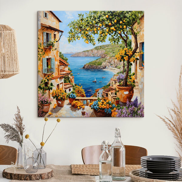 Peinture représentant une ville avec un plan d'eau et une baie Tableaux Peinture représentant une ville avec un plan d'eau et une baie