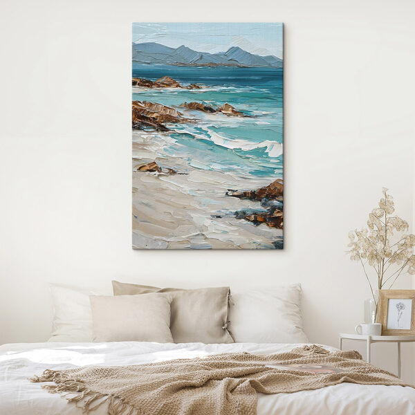 Peinture représentant une plage avec des rochers et de l'eau Tableaux Peinture représentant une plage avec des rochers et de l'eau