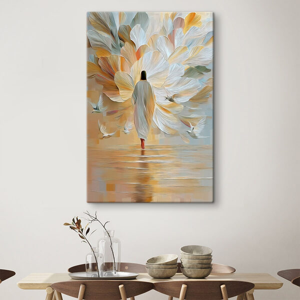 Une personne marchant dans l'eau, entourée d'oiseaux qui volent Tableaux Une personne marchant dans l'eau, entourée d'oiseaux qui volent