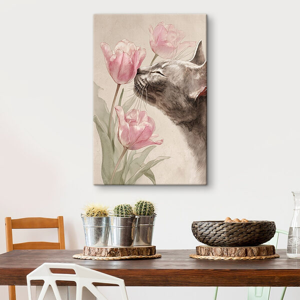 Un chat qui renifle des fleurs Tableaux Un chat qui renifle des fleurs