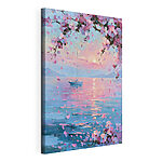 Tableaux Tableau représentant un voilier sur un plan d'eau calme, avec des fleurs roses