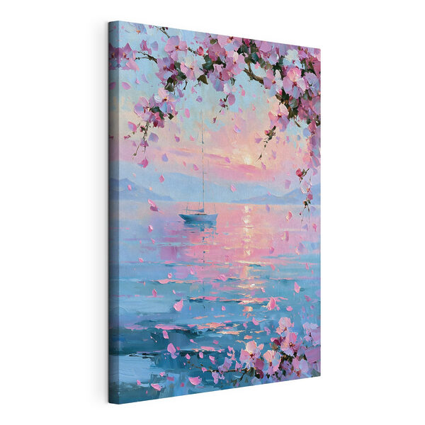 Tableaux Tableau représentant un voilier sur un plan d'eau calme, avec des fleurs roses (UGS : s49883) Tableaux Tableaux Tableau représentant un voilier sur un plan d'eau calme, avec des fleurs roses (UGS : s49883)