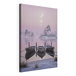 Tableaux Des bateaux sur un lac, avec des arbres et la lune en arrière-plan