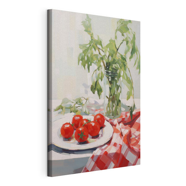 Peinture représentant des tomates dans une assiette, à côté d'un vase rempli de feuilles vertes Tableaux Peinture représentant des tomates dans une assiette, à côté d'un vase rempli de feuilles vertes