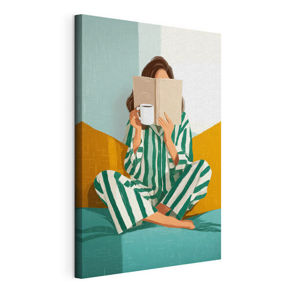 Tableaux Une femme assise sur un lit, avec un livre et une tasse (UGS : s50091) Tableaux Tableaux Une femme assise sur un lit, avec un livre et une tasse (UGS : s50091)