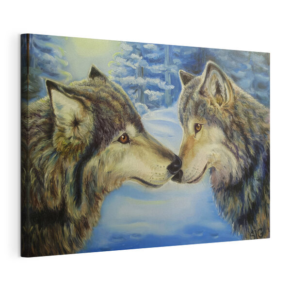 Tableaux Loups se bécotant dans une forêt enneigée