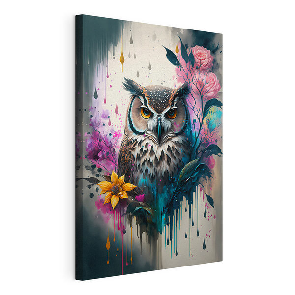 Hibou vibrant entouré de fleurs vives Tableaux Hibou vibrant entouré de fleurs vives