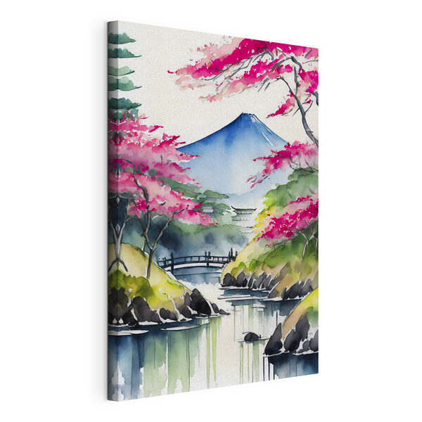 Tableaux Aquarelle d'une montagne et d'arbres avec des fleurs roses