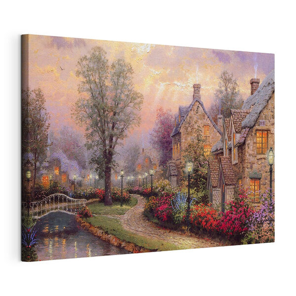 Tableaux Peinture d'une maison avec des fleurs et un chemin