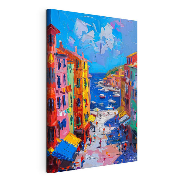 Tableaux Peinture d'une ville avec des bateaux et des gens