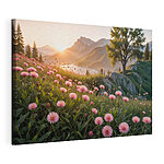 Tableaux Champ de fleurs roses avec un arbre et des montagnes en arrière-plan